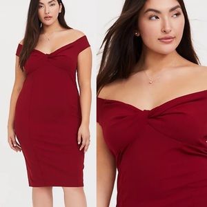 🆕 TORRID SZ LG/0 DARK RED TEXTURED OFF SHOULDER BODYCON DRESS